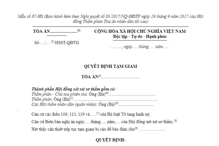Mẫu số 07-HS Quyết định tạm giam (áp dụng tại phiên tòa sơ thẩm hoặc khi kết thúc phiên tòa sơ thẩm đối với bị cáo đang bị tạm giam)