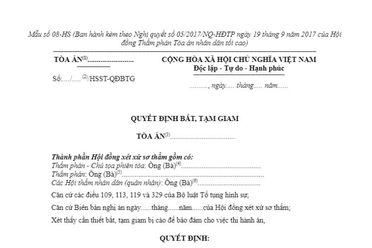 Mẫu số 08-HS Quyết định bắt, tạm giam (áp dụng khi kết thúc phiên tòa đối với bị cáo đang được tại ngoại)