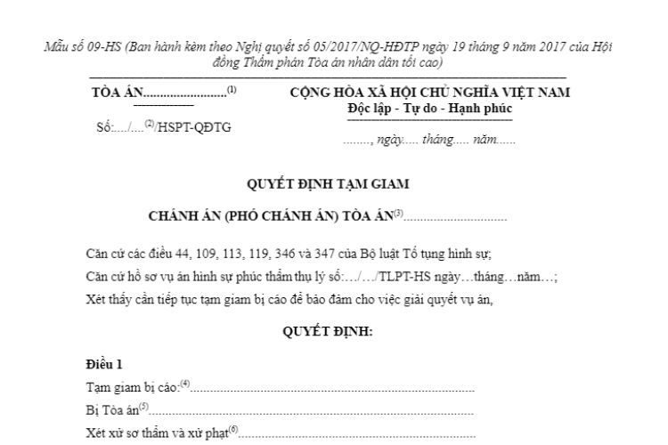 Mẫu số 09-HS Quyết định tạm giam (áp dụng trong giai đoạn chuẩn bị xét xử phúc thẩm đối với bị cáo đang bị tạm giam)