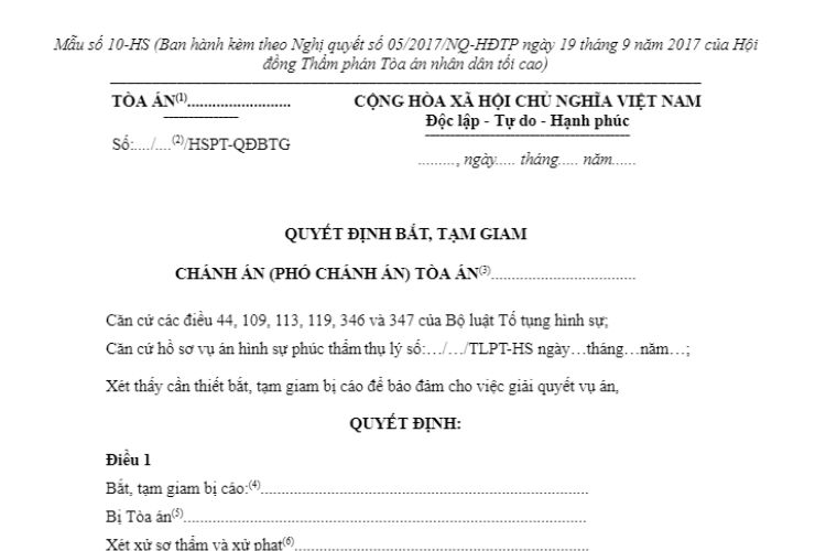 Mẫu số 10-HS Quyết định bắt, tạm giam (áp dụng trong giai đoạn chuẩn bị xét xử phúc thẩm đối với bị cáo đang được tại ngoại)