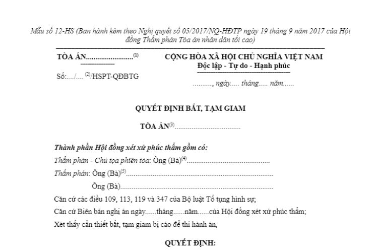 Mẫu số 12-HS Quyết định bắt, tạm giam (áp dụng khi kết thúc phiên tòa đối với bị cáo đang được tại ngoại)