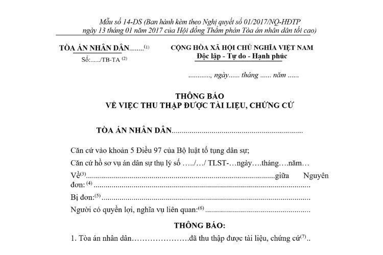 Mẫu Thông báo về việc thu thập được tài liệu, chứng cứ (Mẫu số 14-DS)