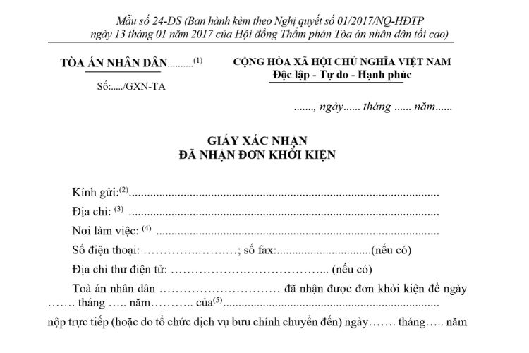 Mẫu Giấy xác nhận đã nhận đơn khởi kiện (Mẫu số 24-DS) 1 Mẫu Giấy xác nhận đã nhận đơn khởi kiện (Mẫu số 24-DS)