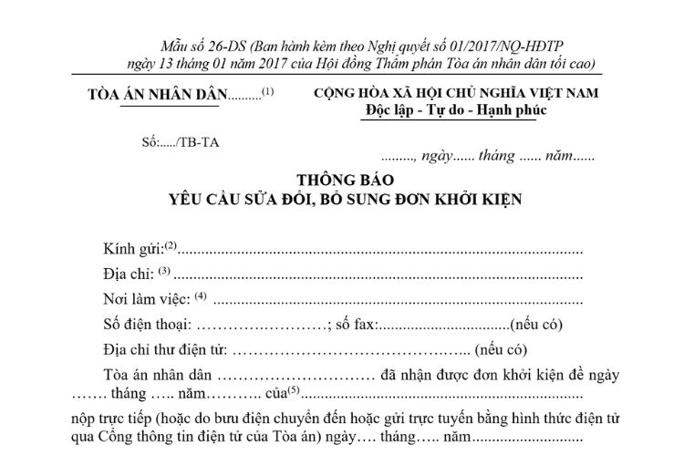 Mẫu Thông báo yêu cầu sửa đổi, bổ sung đơn khởi kiện (Mẫu số 26-DS)