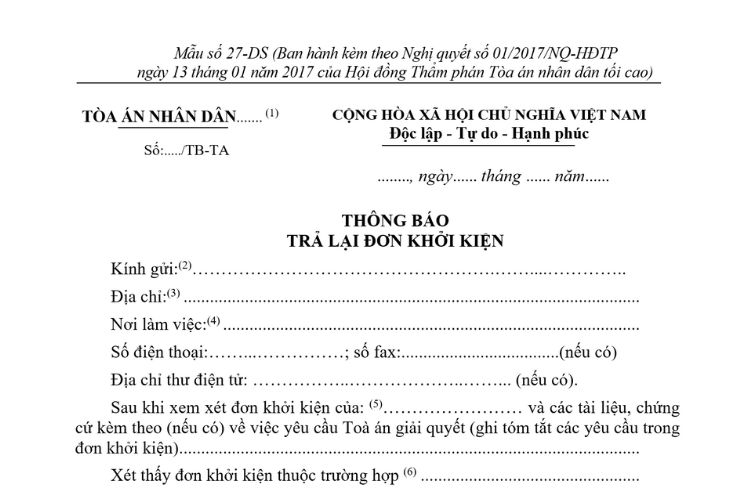 Mẫu Thông báo trả lại đơn khởi kiện (Mẫu số 27-DS)