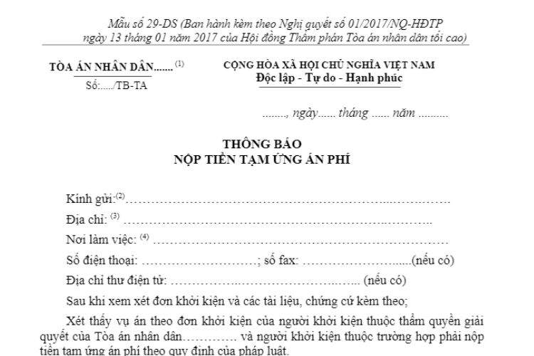 Mẫu Thông báo nộp tiền tạm ứng án phí (Mẫu số 29-DS)