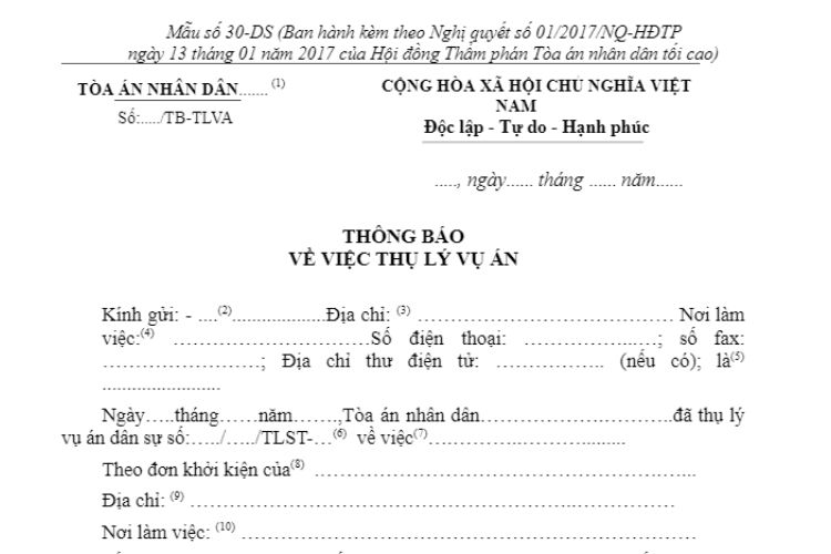 Mẫu Thông báo về việc thụ lý vụ án (Mẫu số 30-DS)