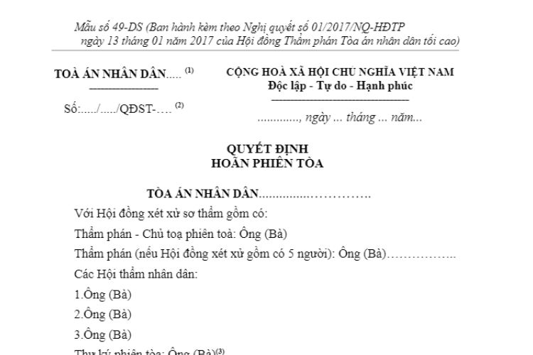 Mẫu Quyết định hoãn phiên tòa (Mẫu số 49-DS)