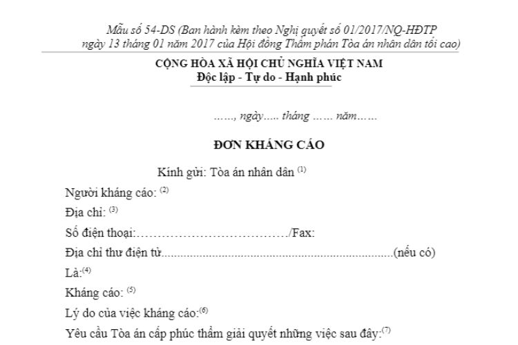 Mẫu Đơn kháng cáo vụ án dân sự (Mẫu số 54-DS)