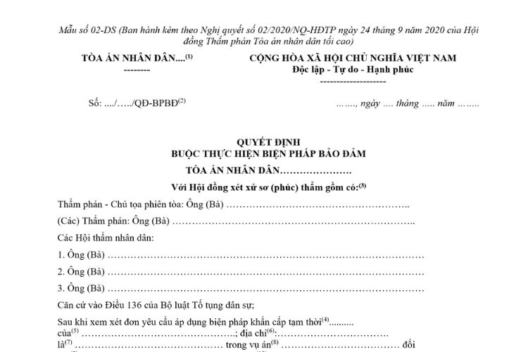 Quyết định buộc thực hiện biện pháp bảo đảm dành cho Hội đồng xét xử sơ thẩm và Hội đồng xét xử phúc thẩm (Mẫu số 02-DS)