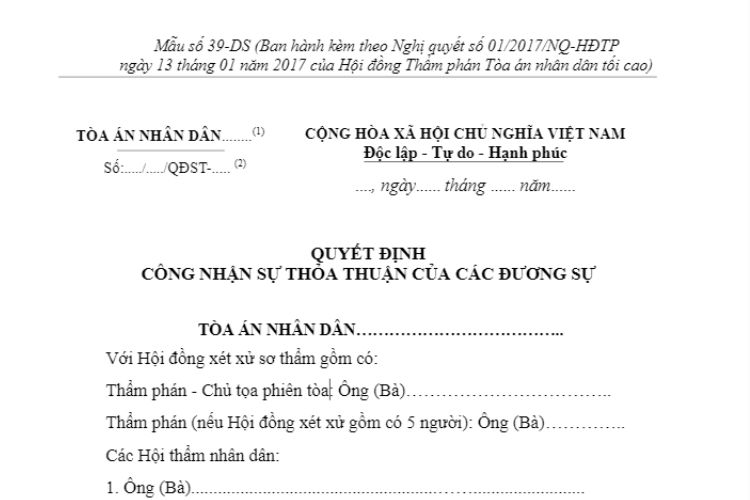 Mẫu Quyết định công nhận sự thoả thuận của các đương sự dành cho Hội đồng xét xử (Mẫu số 39-DS)