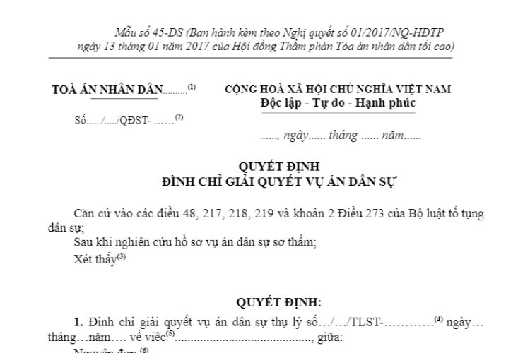 Mẫu Quyết định đình chỉ giải quyết vụ án dân sự dành cho Thẩm phán (Mẫu số 45-DS)