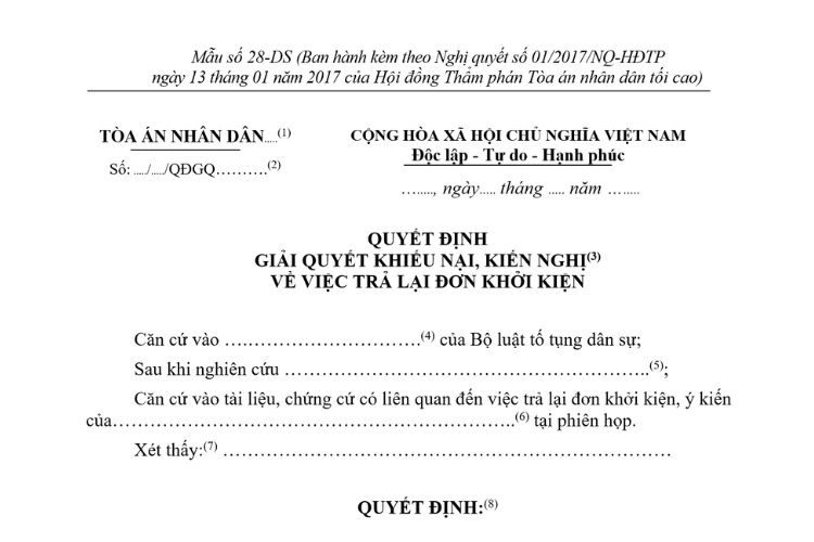 Mẫu Quyết định giải quyết khiếu nại, kiến nghị việc trả lại đơn khởi kiện (Mẫu số 28-DS)