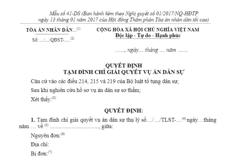 Mẫu Quyết định tạm đình chỉ giải quyết vụ án dân sự dành cho Thẩm phán (Mẫu số 41-DS)