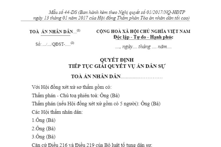 Mẫu Quyết định tiếp tục giải quyết vụ án dân sự dành cho Hội đồng xét xử (Mẫu số 44-DS)