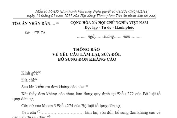 Mẫu Thông báo về yêu cầu làm lại hoặc sửa đổi, bổ sung đơn kháng cáo (Mẫu số 56-DS)