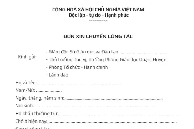 Đơn xin chuyển công tác của giáo viên mới nhất