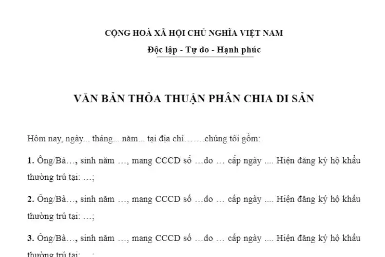 Mẫu văn bản thỏa thuận phân chia di sản thừa kế