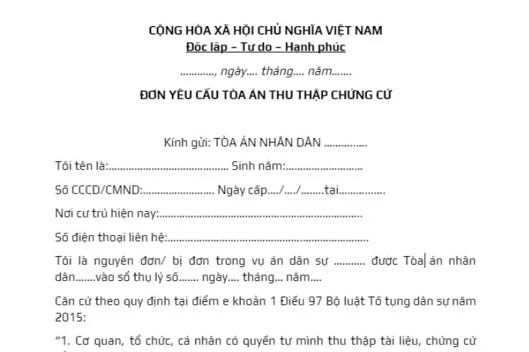 Mẫu đơn yêu cầu Tòa án thu thập chứng cứ