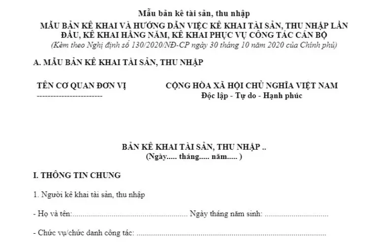 Mẫu kê khai tài sản thu nhập theo Nghị định 130