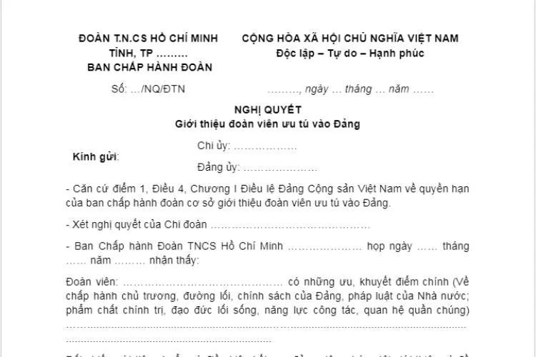 Mẫu Nghị quyết giới thiệu đoàn viên ưu tú vào Đảng