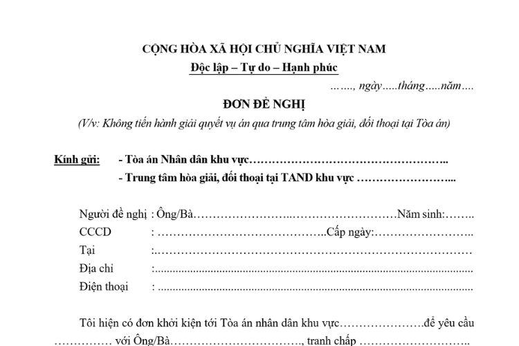 Mẫu Đơn đề nghị không tiến hành hòa giải, đối thoại tại Tòa án