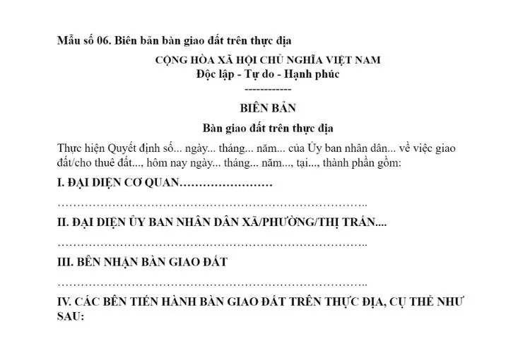 Mẫu Biên bản bàn giao đất trên thực địa (Mẫu số 06)