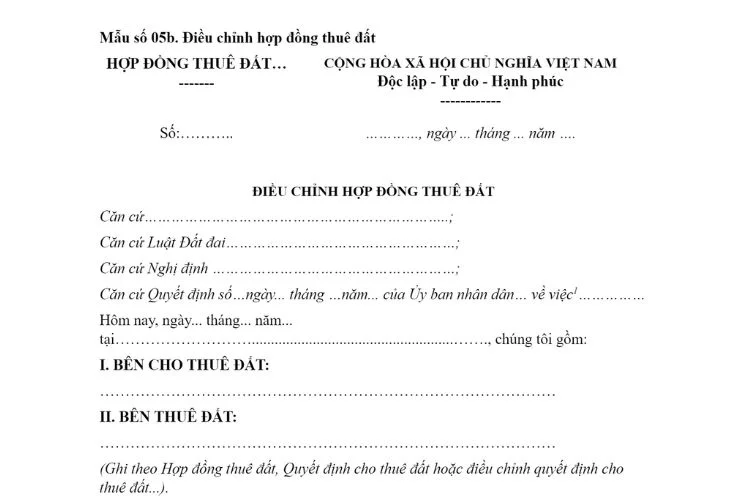 Mẫu Điều chỉnh hợp đồng thuê đất (Mẫu số 05b) mới nhất