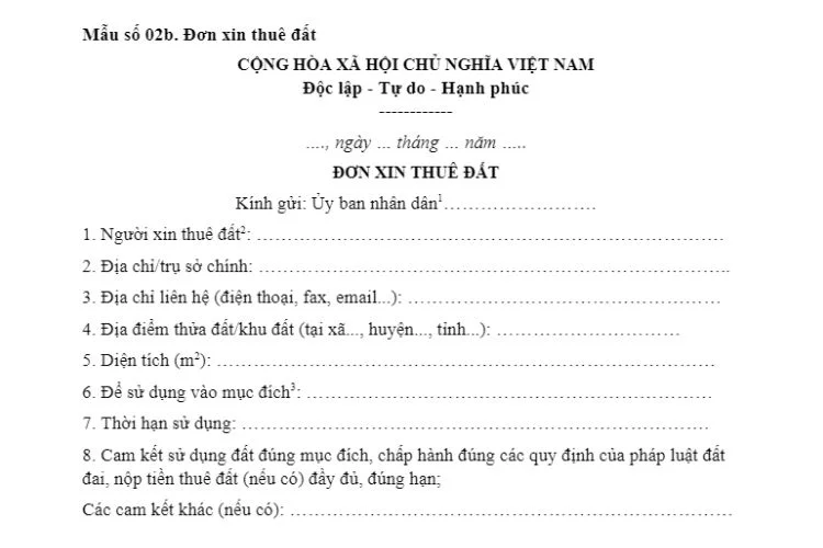 Mẫu đơn xin thuê đất (Mẫu số 02b) mới nhất