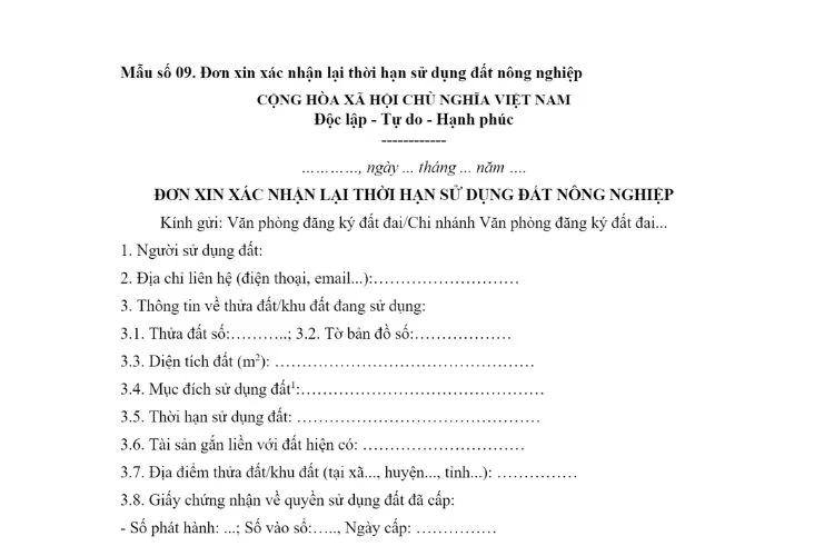 Mẫu đơn xin xác nhận lại thời hạn sử dụng đất nông nghiệp