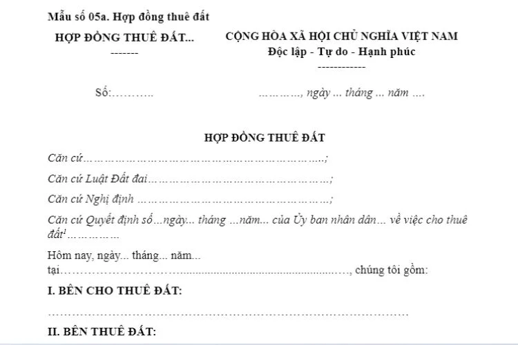 Mẫu Hợp đồng thuê đất (Mẫu số 05a) mới nhất