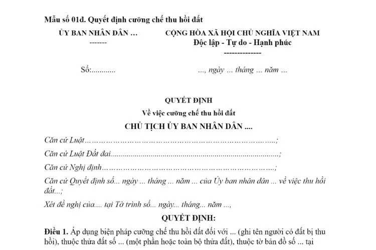 Mẫu Quyết định cưỡng chế thu hồi đất (Mẫu số 01đ)