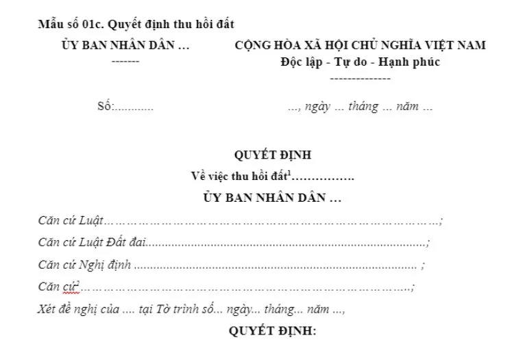 Mẫu Quyết định thu hồi đất (Mẫu số 01c)