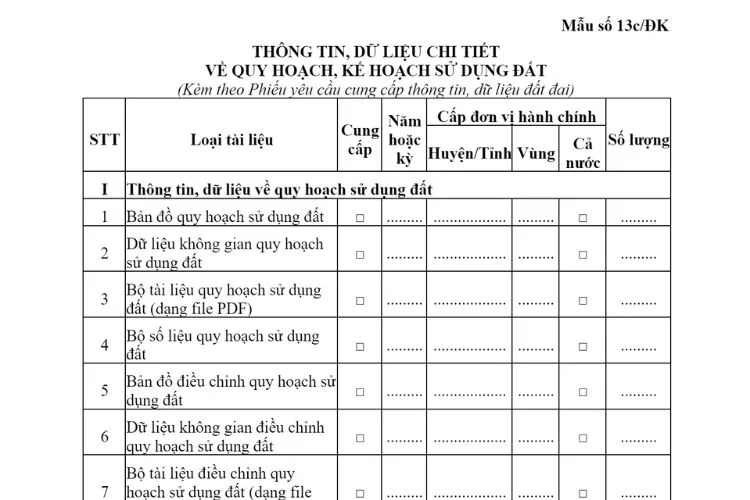Thông tin, dữ liệu chi tiết về quy hoạch, kế hoạch sử dụng đất (Mẫu số 13c/ĐK) 4 Thông tin, dữ liệu chi tiết về quy hoạch, kế hoạch sử dụng đất (Mẫu số 13c/ĐK)