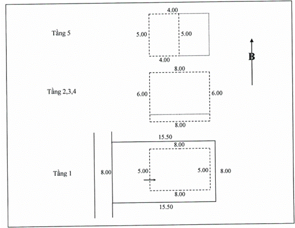 Sơ đồ nhà 5 tầng có diện tích sàn tầng 1 khác diện tích sàn tầng 2, 3, 4; diện tích sàn tầng 5 khác với các tầng dưới