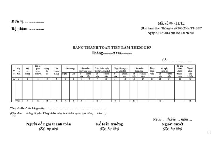 Mẫu 06-LĐTL | Bảng thanh toán tiền làm thêm giờ