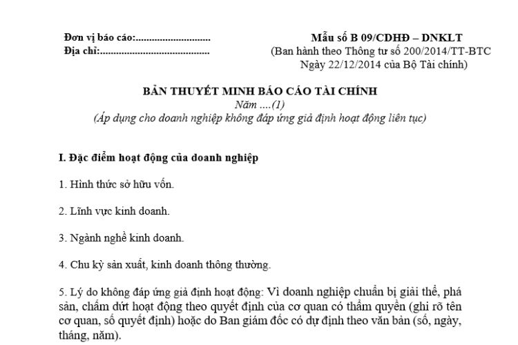 Mẫu B 09/CDHĐ – DNKLT | Bản thuyết minh Báo cáo tài chính năm 1 Mẫu B 09/CDHĐ – DNKLT | Bản thuyết minh Báo cáo tài chính năm