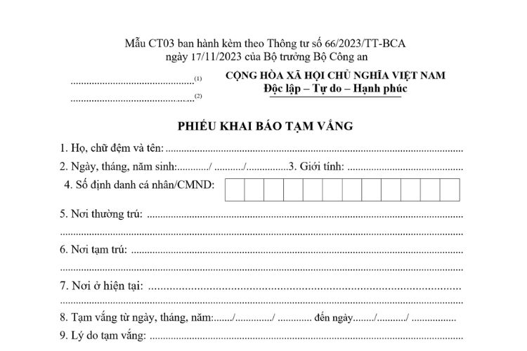 Mẫu CT03 | Phiếu khai báo tạm vắng