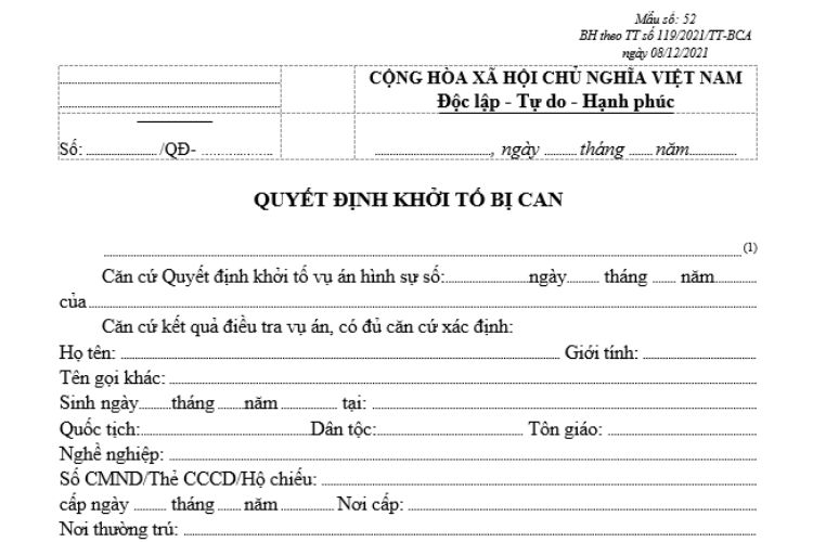 Mẫu Quyết định khởi tố bị can