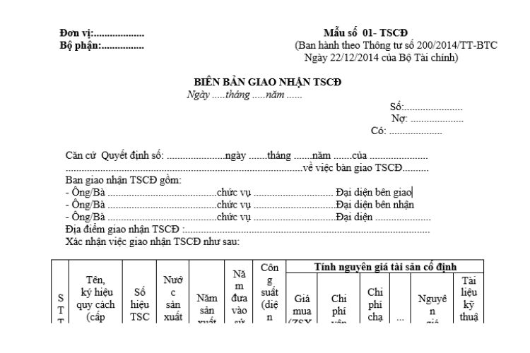 Mẫu số 01-TSCĐ | Mẫu Biên bản giao nhận TSCĐ