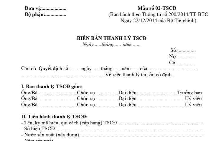 Mẫu số 02-TSCĐ | Mẫu Biên bản thanh lý TSCĐ