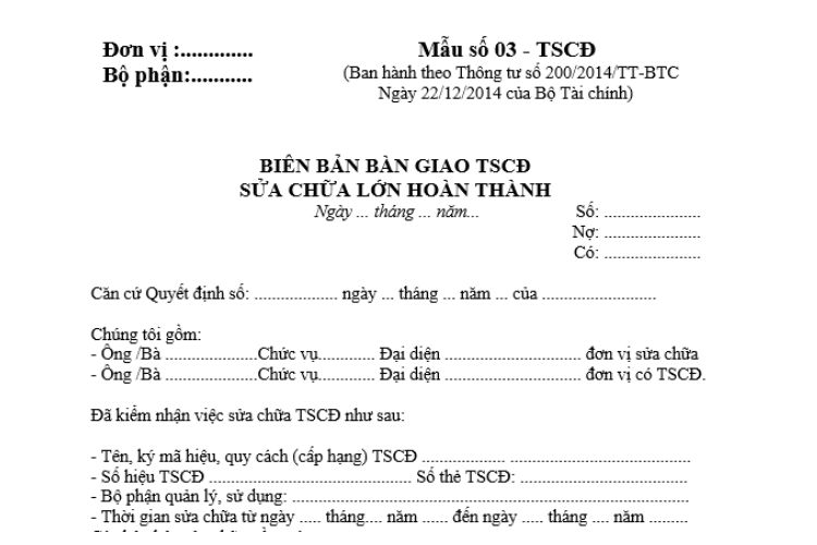 Mẫu số 03-TSCĐ | Biên bản bàn giao TSCĐ sửa chữa lớn hoàn thành