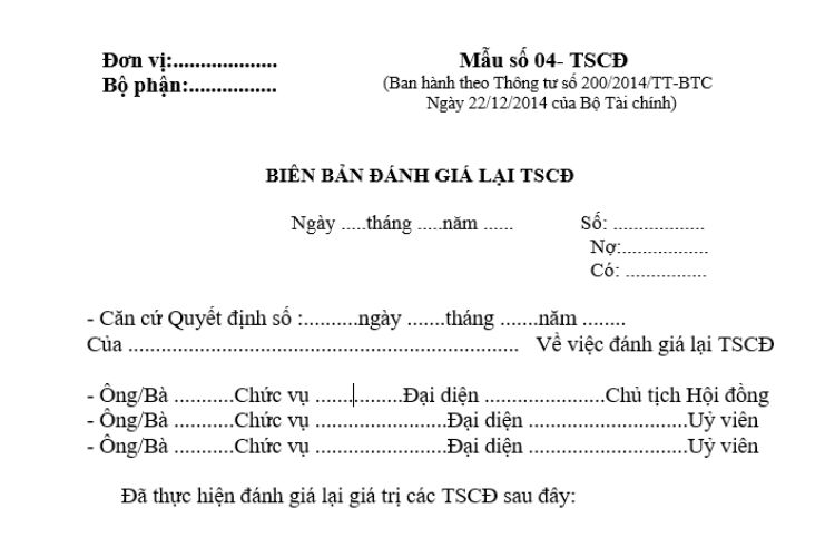 Mẫu số 04-TSCĐ | Biên bản đánh giá lại TSCĐ