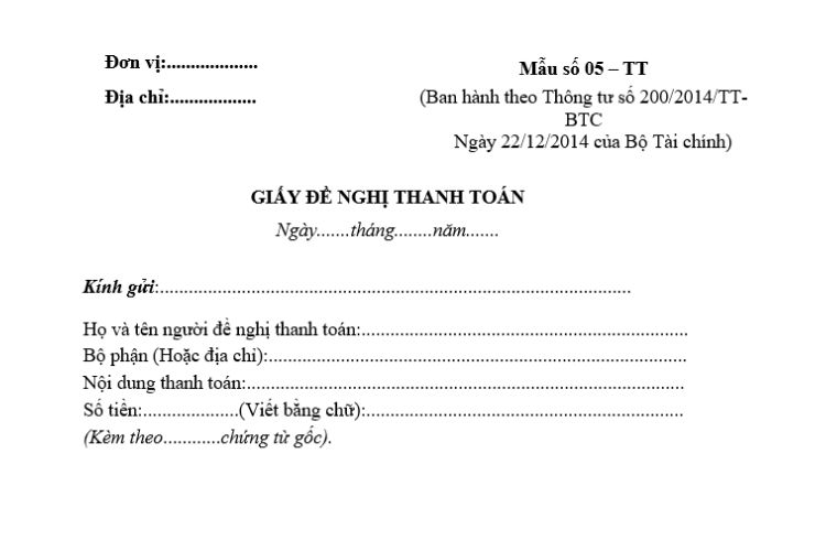 Mẫu số 05-TT | Mẫu Giấy đề nghị thanh toán