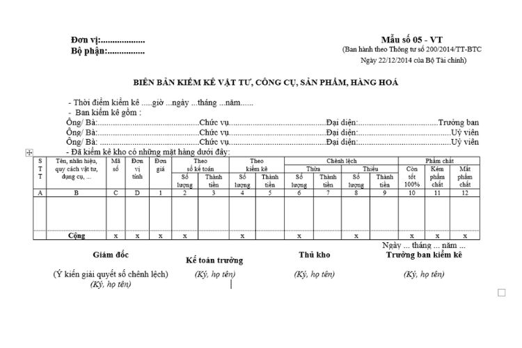 Mẫu số 05-VT | Biên bản kiểm kê vật tư, công cụ, sản phẩm, hàng hoá