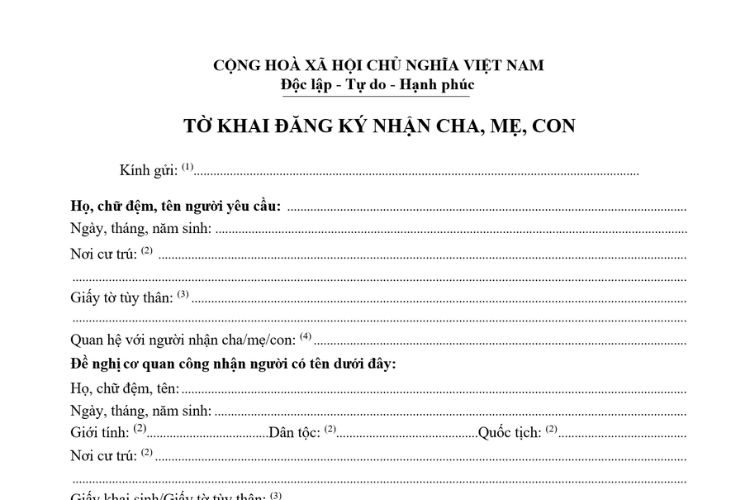 Mẫu Tờ khai đăng ký nhận cha mẹ con