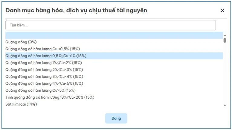 Danh mục hàng hóa, dịch vụ thuế tài nguyên