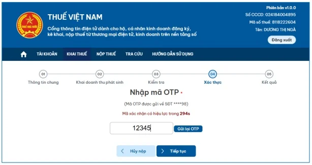Màn hình nhập mã OTP