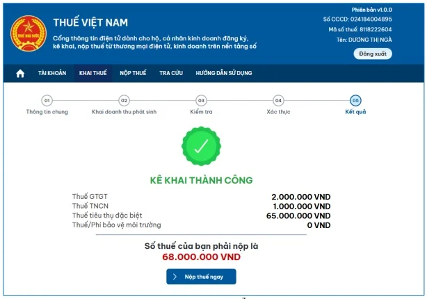 Màn hình kê khai thành công