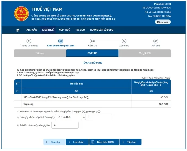 Hệ thống tổng hợp các chỉ tiêu hạch toán đưa lên 01/KHBS –Tờ khai bổ sung